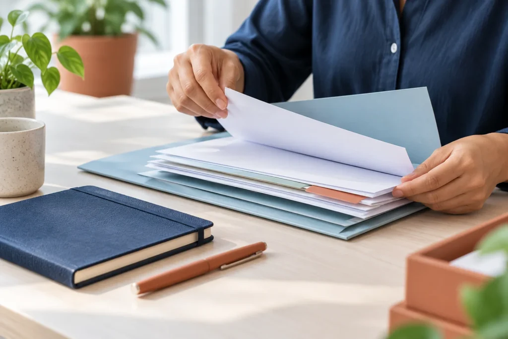 Tangan menyusun lembar informasi dalam folder di meja kerja