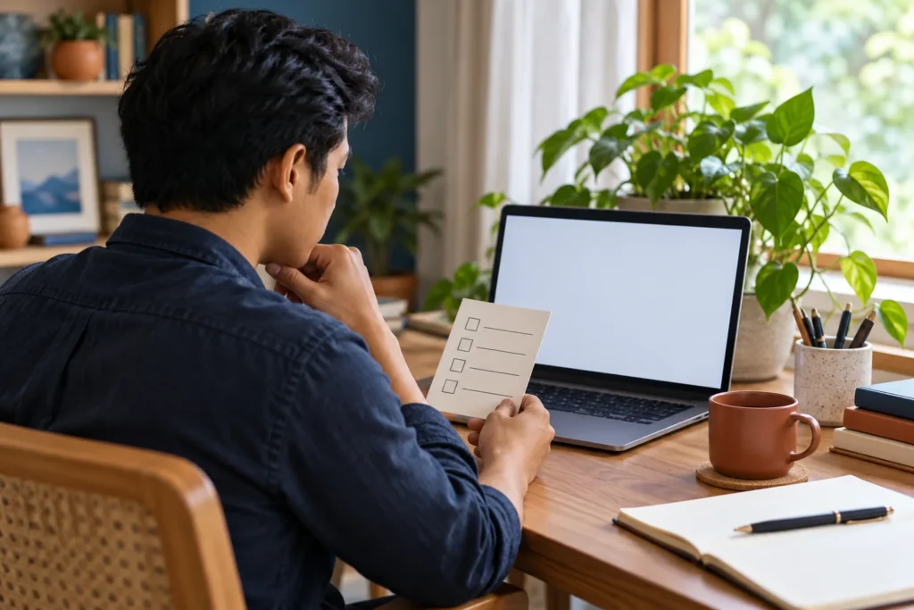 Seseorang memeriksa daftar informasi pada laptop di meja rumah